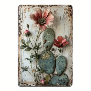 1PC Vintage Cactus and Floral Iron Metal Sign Rustic Wall Decor for Home Living Room Bedroom - 8x12 Inch Home Wall Decoration