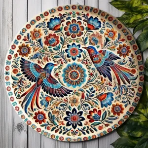 Floral Round Metal Wall Art | Iron Plate with Lush Foliage