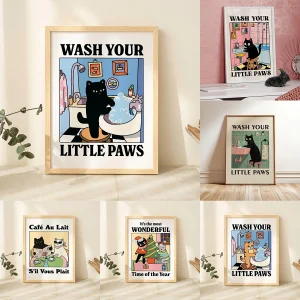 Cute Wash Paws Cat Canvas Print  wall Art Poster for Modern Living Room Bedroom Home Decor