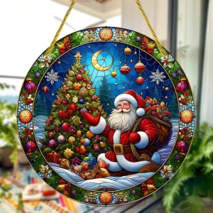 Charming Santa Clause Snowman Suncatcher Round Acrylic Stained Glass-Style Hanging Panel Window Decoration Wreath Sign Garden